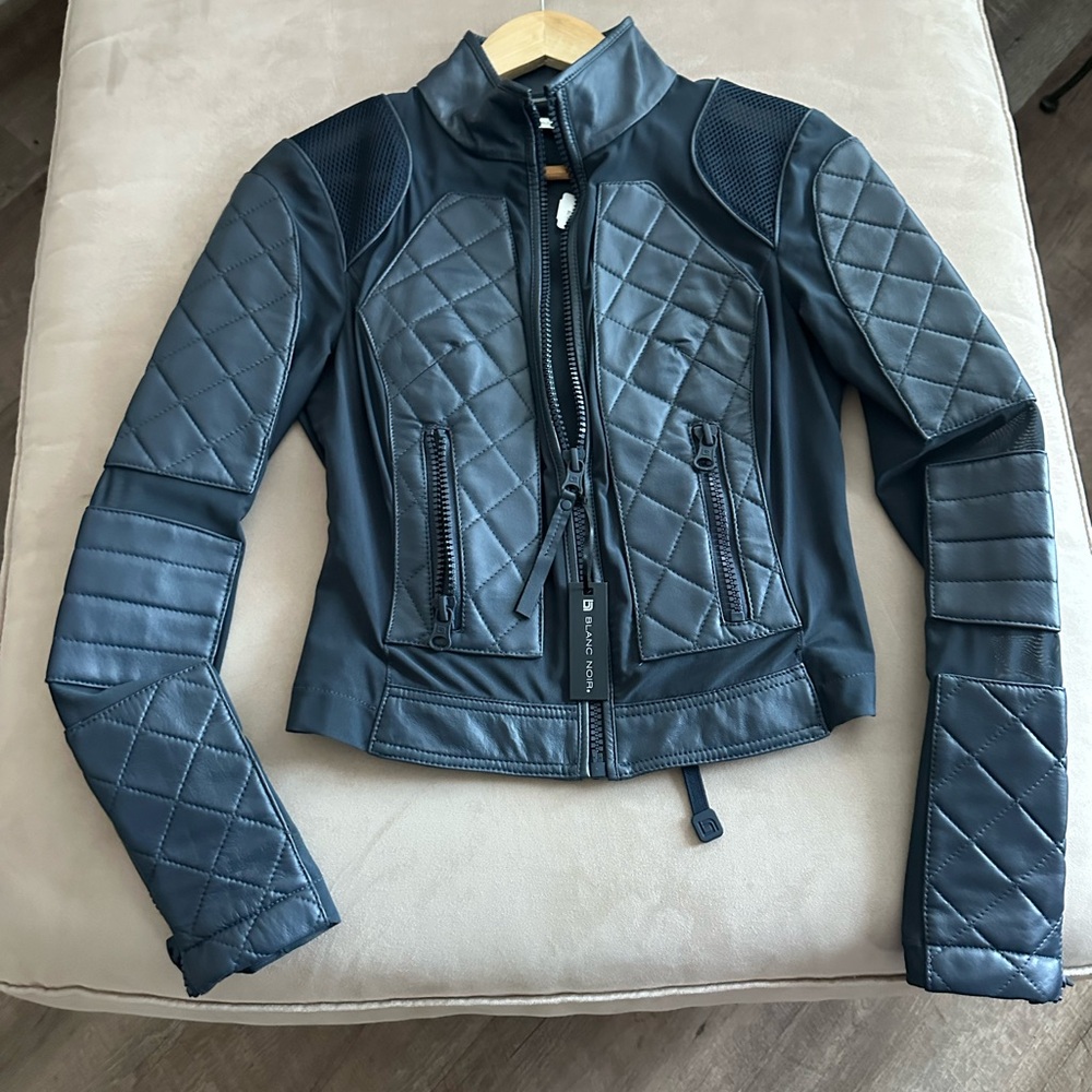 NWT Neiman Marcus Blue Blanc Noir leather jacket Size Small